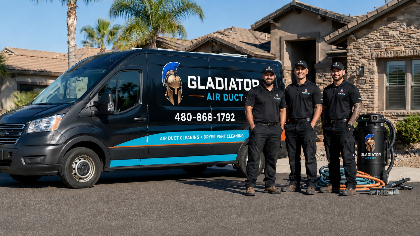 Gladiator Air Duct branded service van with three professional technicians in Arizona